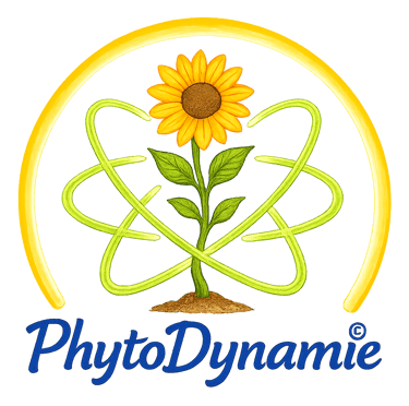PhytoDynamie logo featuring a sunflower with green atomic orbit stems under a yellow arch.