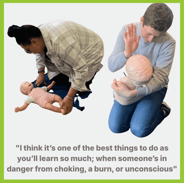 People learning different choking techniques for babies and children using training manikins.