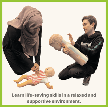 People learning how to help someone who is choking with first aid training manikins