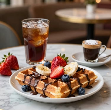 Close-up of a golden waffle topped with fresh strawberries and drizzled with rich Belgian chocolate sauce.