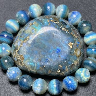 Polished white moonstone bracelet beads and tumbled stones on a dark background.