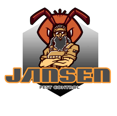 Jansen Pest Control logo featuring a bearded exterminator mascot in front of a large orange ant.