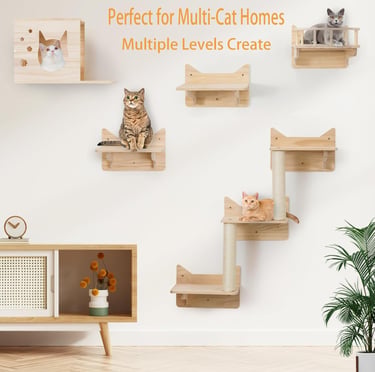 Cat Wall Shelves for Large Cats, 9PCS Solid Pine Cat Wall Furniture Set with House, Ladder Steps