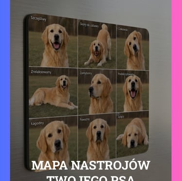 Personalized dog mood map magnet featuring nine Golden Retriever expressions with Polish labels.