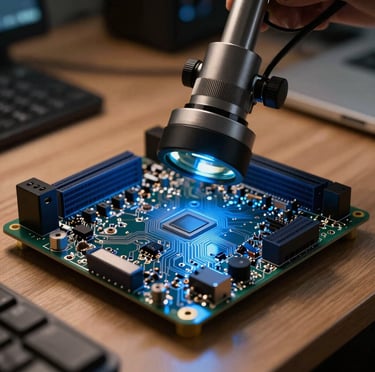 A modern hardware developer workstation displaying an intricate high-density circuit board with blue light-emitting components under a specialized magnification glass. Warm and cool lighting contrast.