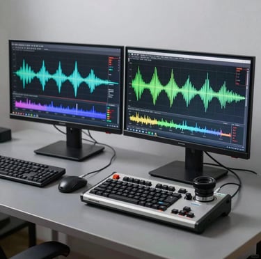 Professional setup of dual spectrum monitors displaying colorful wave metrics alongside a high-quality hardware testing kit on a slate-colored table.