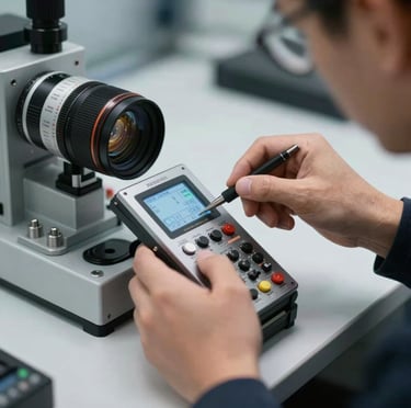 Close-up of a calibration expert calibrating a digital test module in a crisp industrial tech setting tailored for a North American / Global tech and industrial audience.