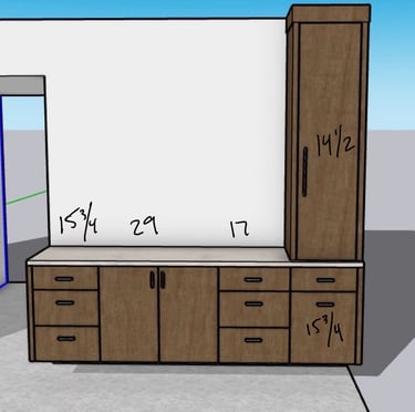 Custom closet design as a 3D sketch with measurements, designed by Pearce Woodworks Detroit.