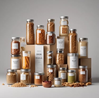 Close-up of sleek luxury packaging stacked neatly on a polished shelf under soft lighting