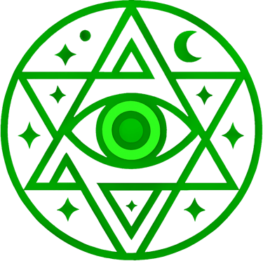 Green mystical eye symbol inside a geometric star and circle with crescent moon and stars.