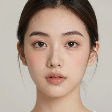 Portrait of a woman with dewy skin, natural makeup, and slicked-back hair.