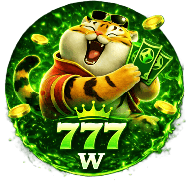 Lucky tiger mascot holding money with 777 casino slot jackpot symbols in a green fire aura.