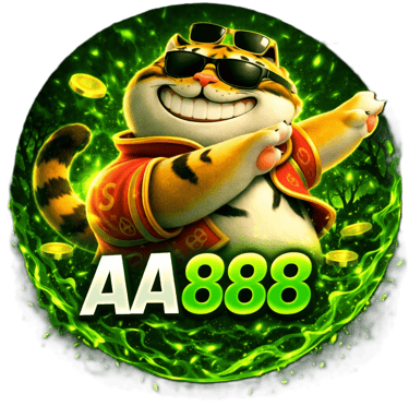 Lucky cat wearing sunglasses with AA888 text, gold coins, and green glowing energy effects.