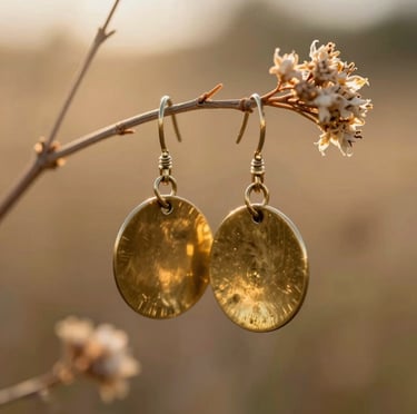 Close-up of bohemian brass earrings hanging from a small wild dried flower branch, warm golden sunbeams reflecting on the metal, artistic natural look.