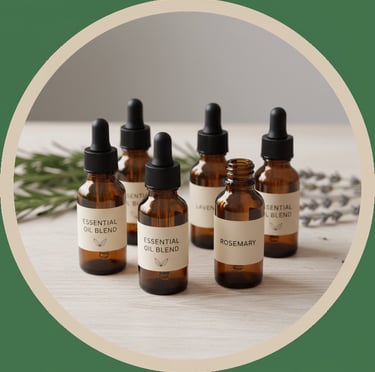 Circular image showing small amber glass dropper bottles of essential oils on a table.