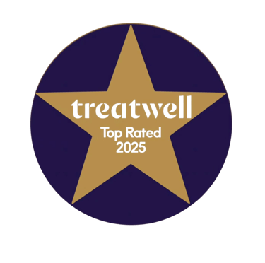 Treatwell Top Rated 2025 award logo featuring a gold star on a purple circular badge.