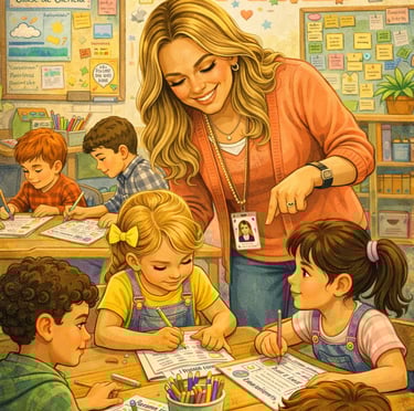 Maestra asistiendo a sus estudiantes. apoyo educativo