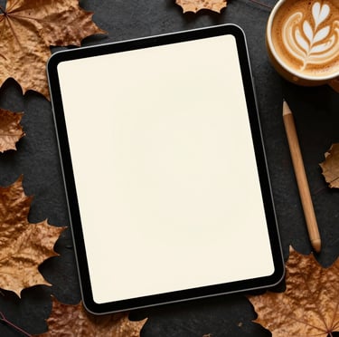 An elegant, high-contrast flatlay photograph featuring a digital notebook displayed on a tablet, surrounded by dried autumn leaves, a wooden stylus, and a warm cup of coffee with latte art. Warm cream and brown tones.