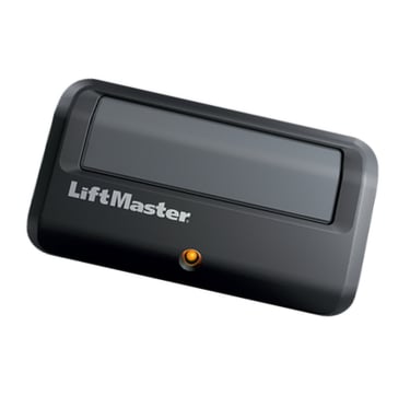 Black LiftMaster garage door opener remote with a single button and LED indicator light.
