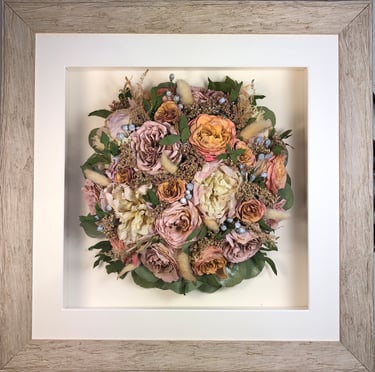 Birdseye view preserved wedding bouquet in a wooden frame