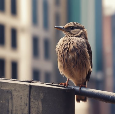 a bird perched on a railing with a city in the background