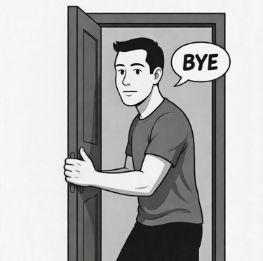 cartoon male closing door with bye in a speech bubble