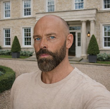 Portrait of Damon with a beard standing in front of a luxury limestone manor house.
