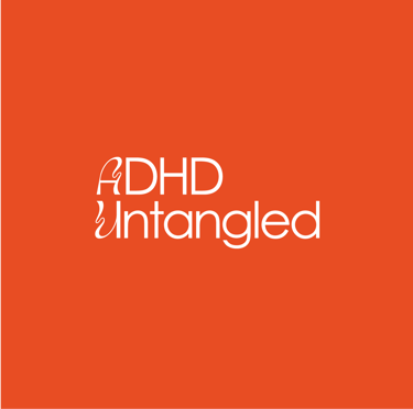A picture of the logo of ADHD Untangled Podcast, white writing on an orange background