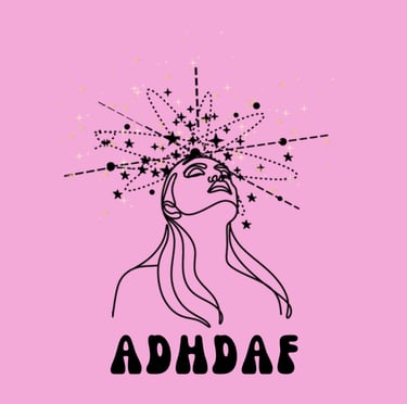 A picture of the ADHDAF Podcast logo, the head and shoulders of a woman with a pink background