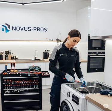 A female Novus-Pros technician in a gray and black uniform is repairing a washing machine