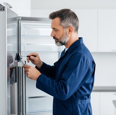 A male appliance technician with a beard, wearing a blue uniform, intently repairs the fridge