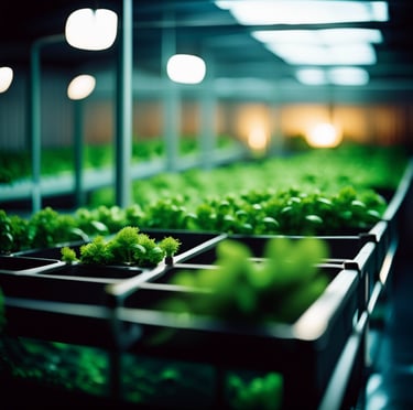 A large indoor aquaponic farm featuring an abundance of green plants flourishing in a sustainable agricultural system