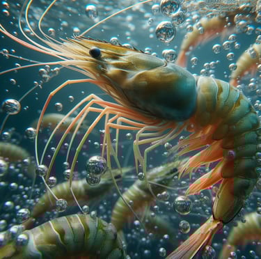 A close-up of a shrimp beneath the water's surface, with bubbles floating nearby, illustrating the beauty of marine life.