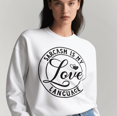 a woman wearing a white sweatshirt and jeans jeans