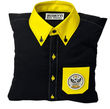 a black shirted pillow with a yellow collar and pocket