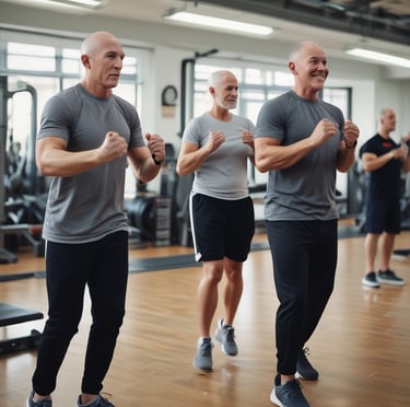 Several women are engaged in a yoga or workout session in a spacious room with large windows and a brick wall. They are wearing athletic clothing and are using yoga mats. The women appear focused and serene as they perform their exercises.