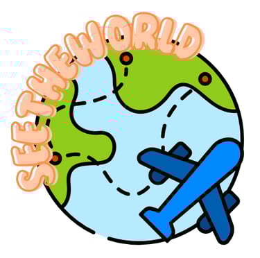 a cartoon earth with an airplane flying above and see the world written at the top
