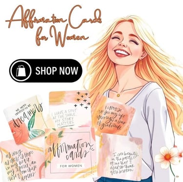 a woman with a flower in her hand, and a card with a message about