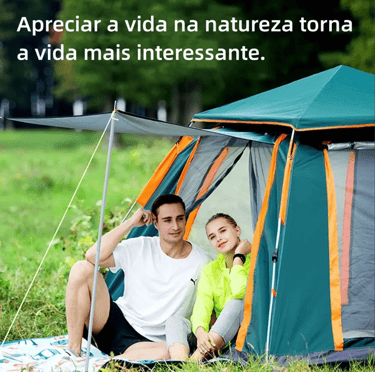 A couple enjoying outdoor camping in a green and orange tent with a Portuguese quote about nature.