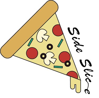 Side Slice logo featuring a slice of pizza with various toppings. Slanted vertical text next to the pizza reads “Side Slice."