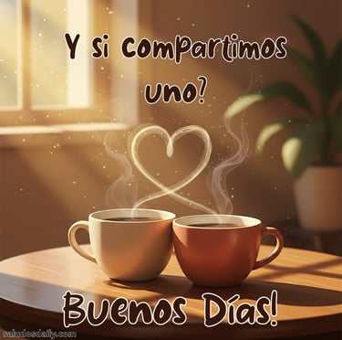 Ilustración cálida de dos tazas de café colocadas muy cerca sobre una mesa de madera, con luz suave 