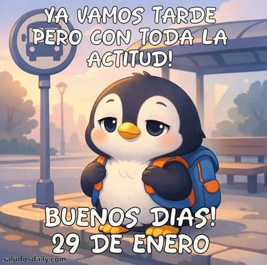 Pingüino con mochila esperando tranquilamente el autobús en una parada