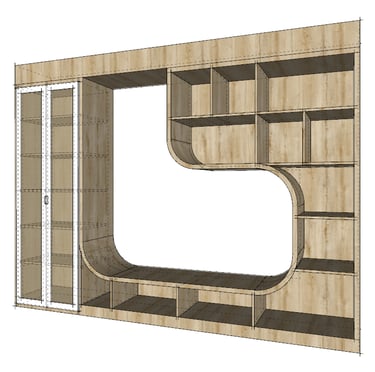 Visuel d'un meuble bibliothèque sur mesure confectionné en bois avec des étagères et une banquette