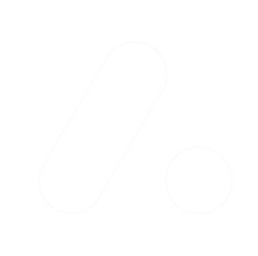 Minimalist white abstract logo featuring a diagonal pill shape and a circle on a black background.