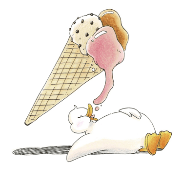 Cute drawing of a white duck lying down under a giant dripping ice cream cone.