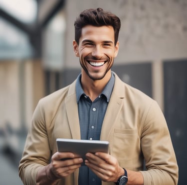 a man holding a tablet
