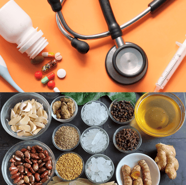 Ilustración que representa la diferencia entre medicina convencional y Ayurveda en el tratamiento de trastornos digestivos.