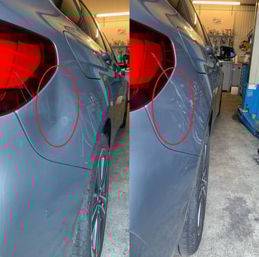 two cars with red circles on the rear end of the rear end of the car