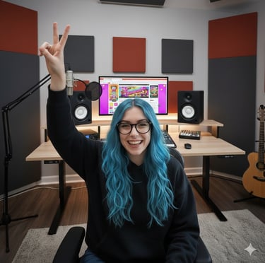 a woman with blue hair and blue hair sitting in miniaturayoutube.com
