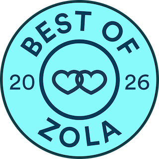 Official Best of Zola 2026 award badge featuring interlocking hearts on a light blue background.